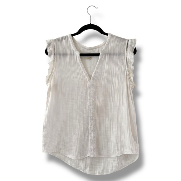 Faherty White Organic Cotton Gauze Flutter Cap Sleeve Top Embroidered Sz Medium - Picture 1 of 9